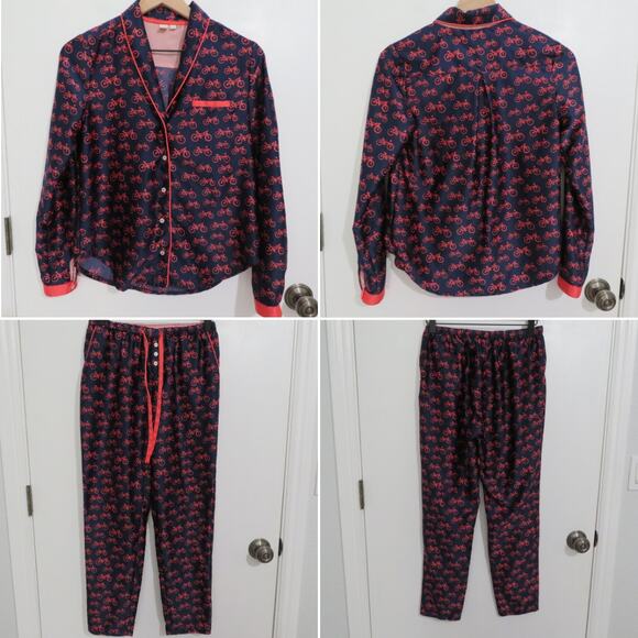 Anthropologie Eloise Womens Sz XS Navy and Red Bike Print Pajama Set Satin PJ - Picture 1 of 14